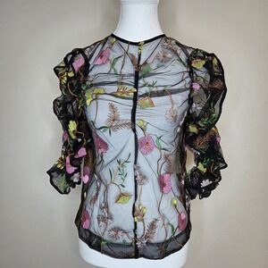 HM Black Floral Embroidered Mesh Puff Sleeve Sheer Blouse Top Size 2 US
